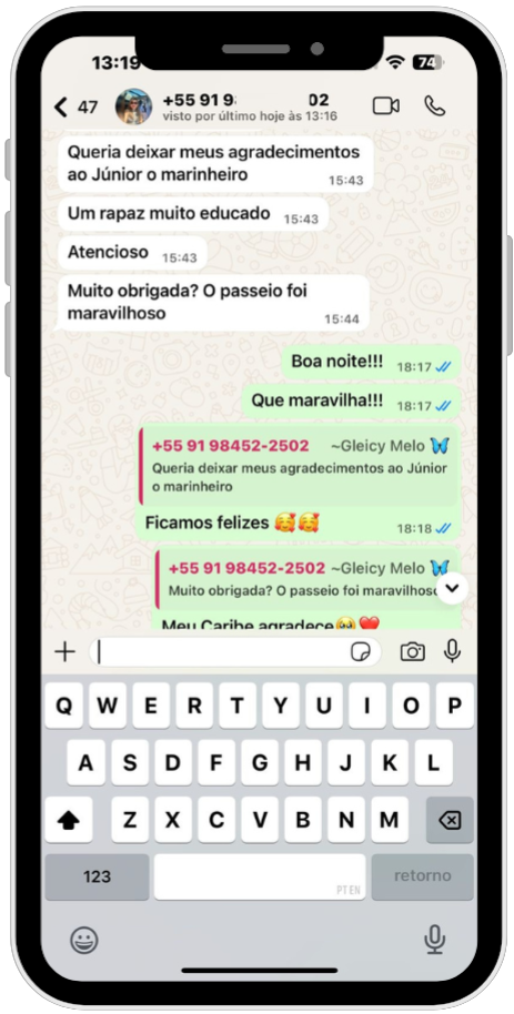 Depoimento de cliente satisfeito sobre o passeio de lancha.