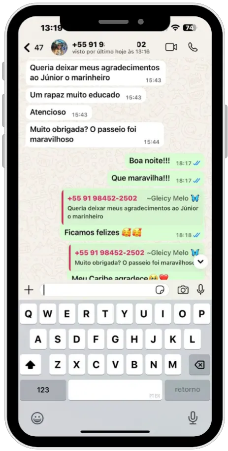 Depoimento de cliente satisfeito sobre o passeio de lancha.