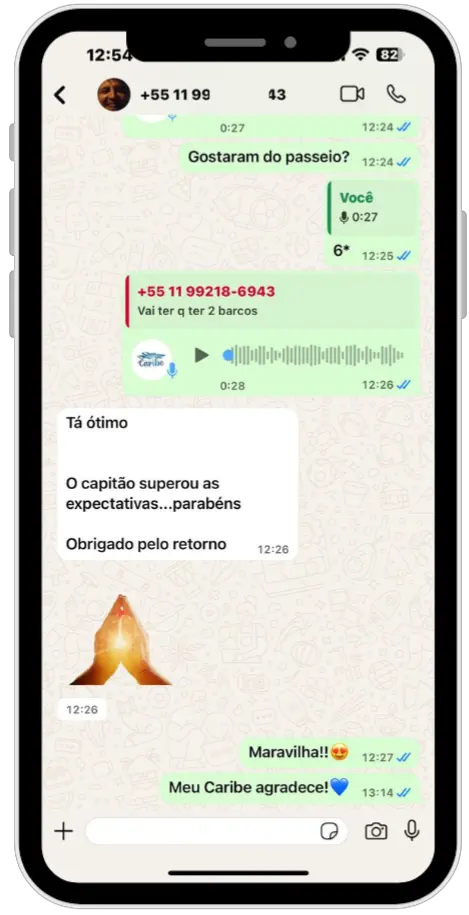 Depoimento de cliente satisfeito sobre o passeio de lancha.