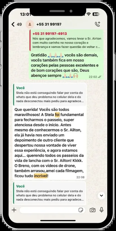 Depoimento de cliente satisfeito sobre o passeio de lancha.